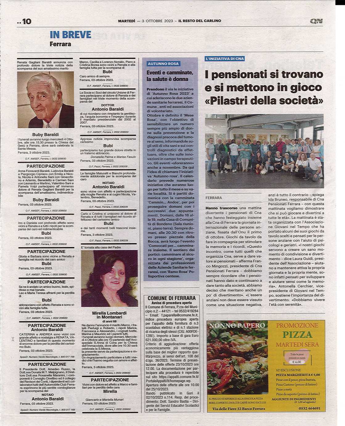 il resto del carlino parla della Festa dei nonni di CNA Ferrara passata con l'associazione Giovani nel Tempo