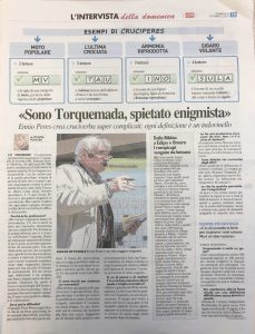 Articolo di giornale Ennio Peres spietato enigmista crea cruciverba complicati